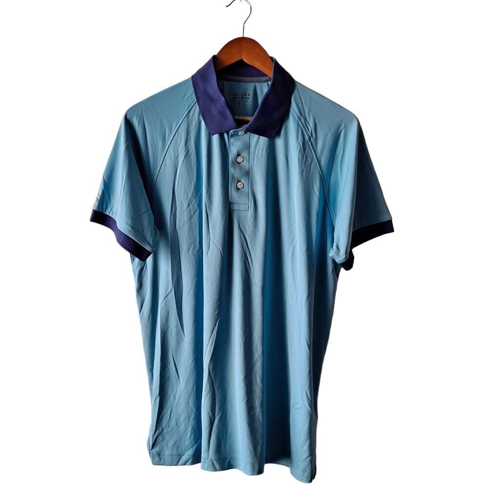 Brooks Brothers Navy & Light Blue Polyester Quarter Button, S/S Polo Shirt - L
